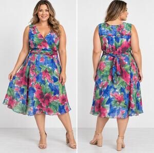 Bella Blue Plus 20W Floral Dress Pink Blue Green A-Line Midi Sleeveless Tie Back